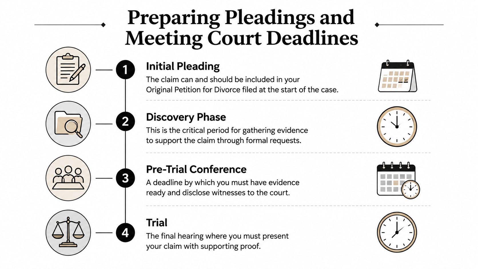 An infographic outlining the four key stages of preparing pleadings and meeting deadlines for a divorce case.