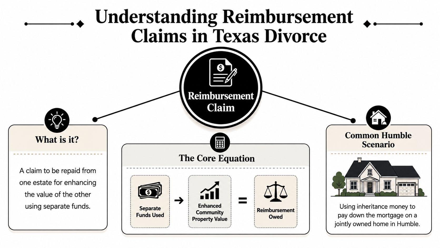An infographic explaining reimbursement claims in Texas divorce cases using a core equation and common scenario.