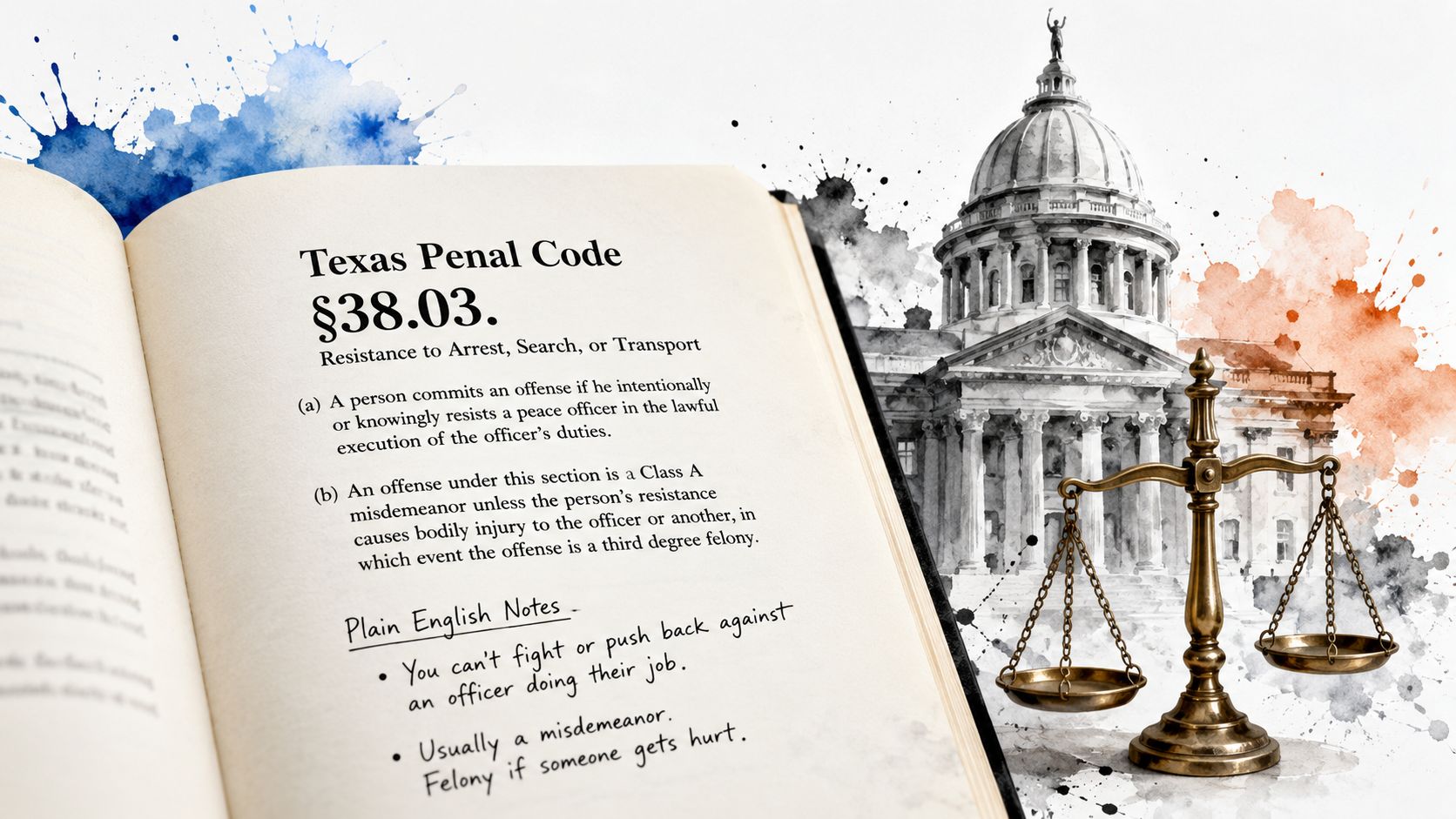 An open book displaying the Texas Penal Code regarding resistance to arrest with a courthouse background.