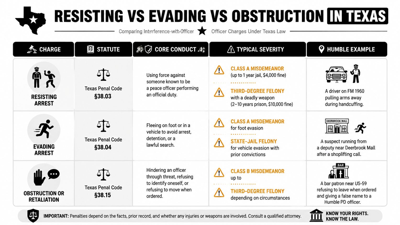 A comparison chart outlining Texas laws regarding resisting arrest, evading arrest, and obstruction of justice charges.