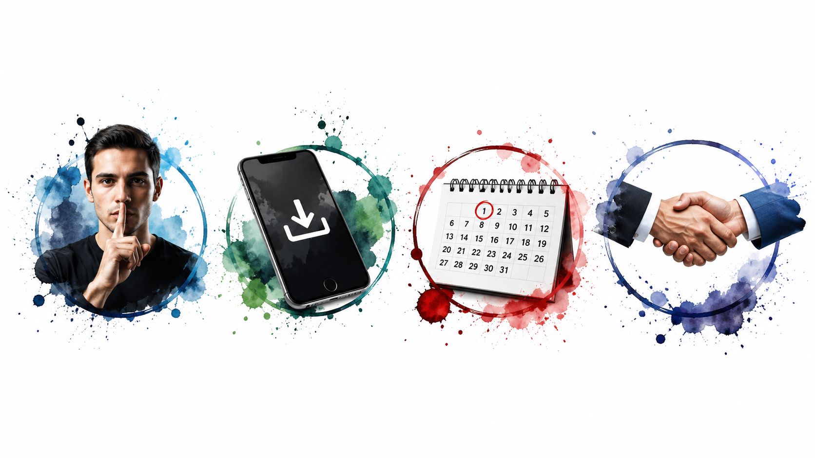 A digital graphic showing a person hushing, a smartphone download icon, a marked calendar, and a handshake.