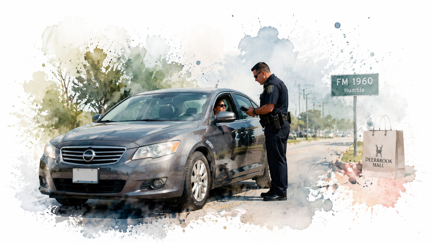 A police officer talks to a driver through the car window on a street in Humble, Texas.