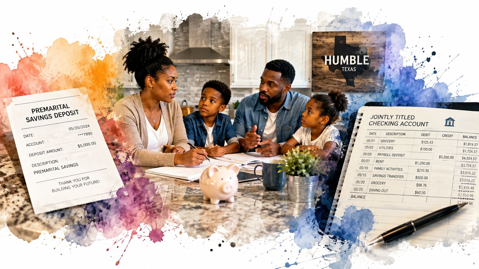 A family sits at a kitchen table discussing their financial assets and bank statements in Humble, Texas.