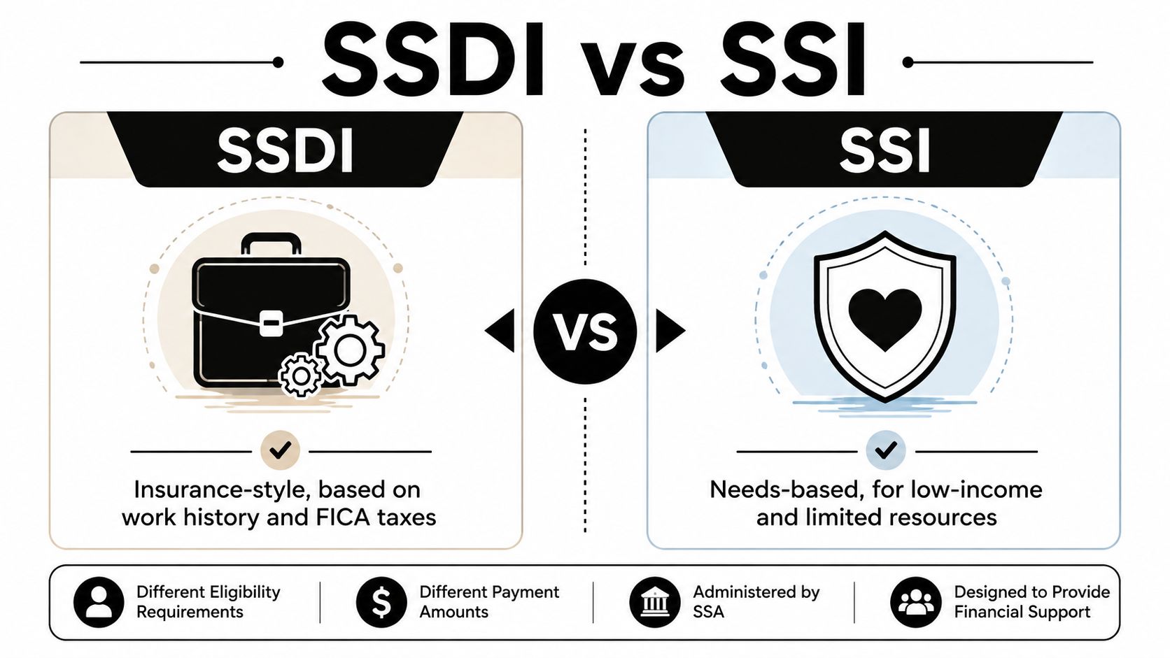A comparison chart showing the differences between SSDI and SSI disability benefits programs in the United States.