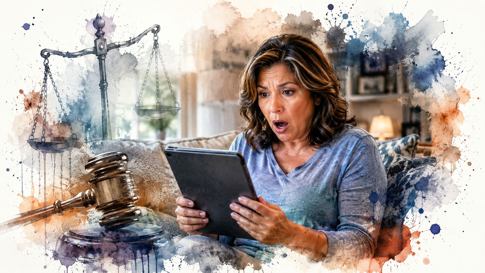A shocked middle-aged woman looking at her tablet with digital illustrations of a gavel and scales of justice.
