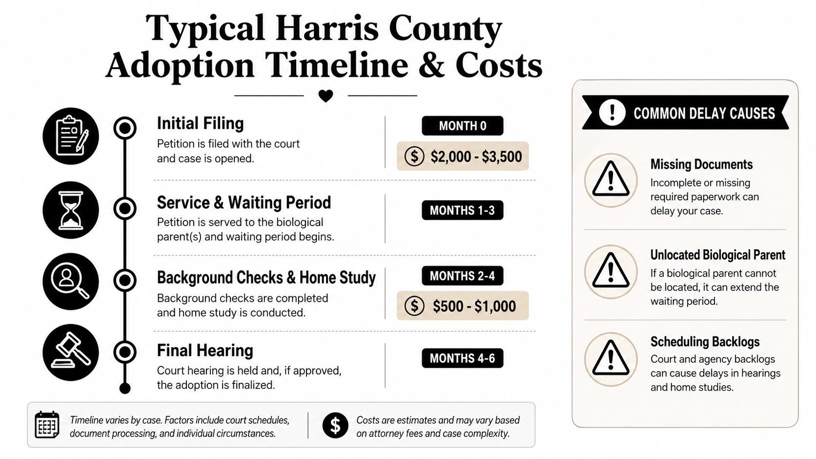 An infographic detailing the typical timeline and estimated costs for the Harris County adoption legal process.