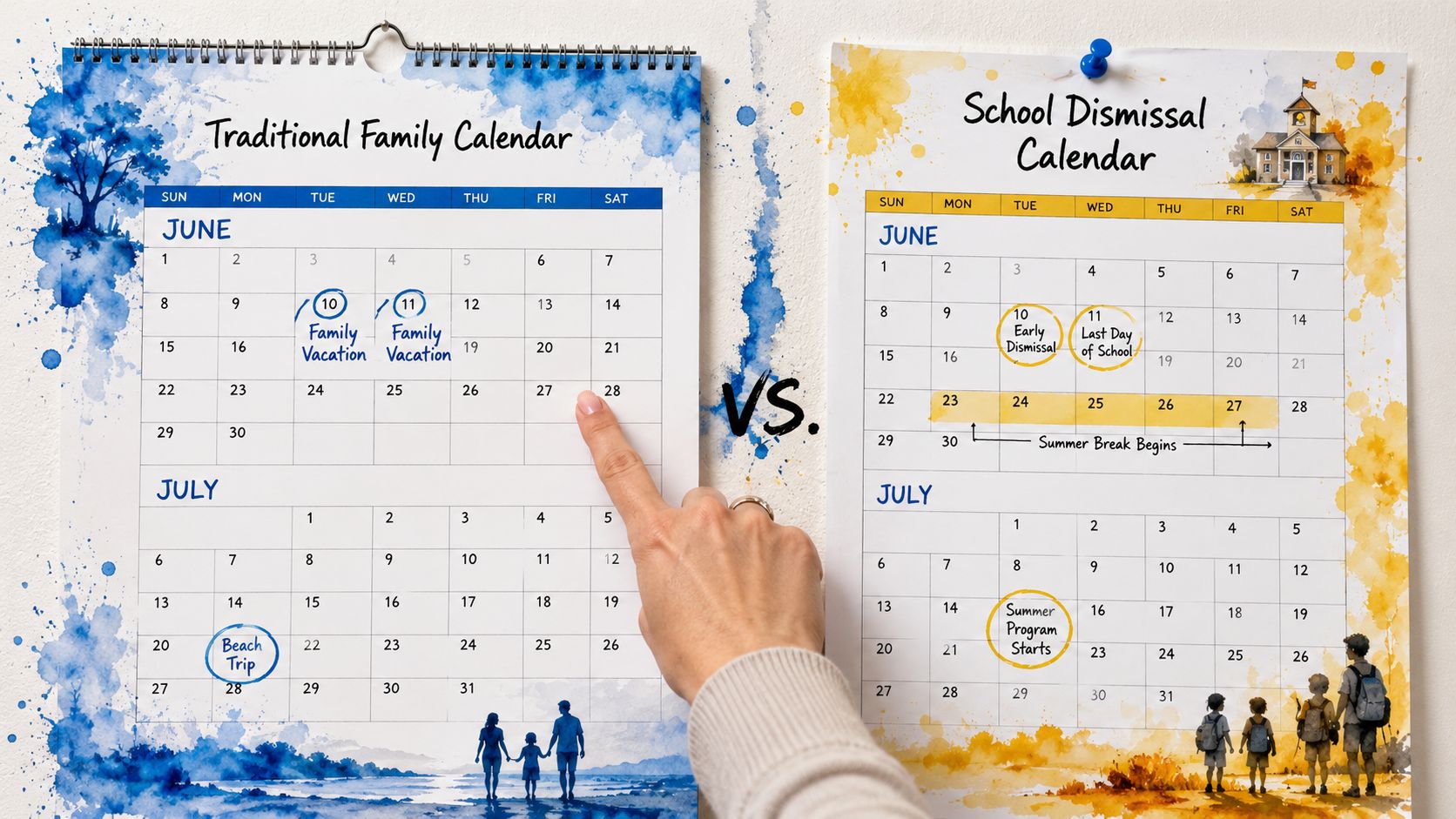 A hand comparing a traditional family calendar with a school dismissal calendar for summer planning.