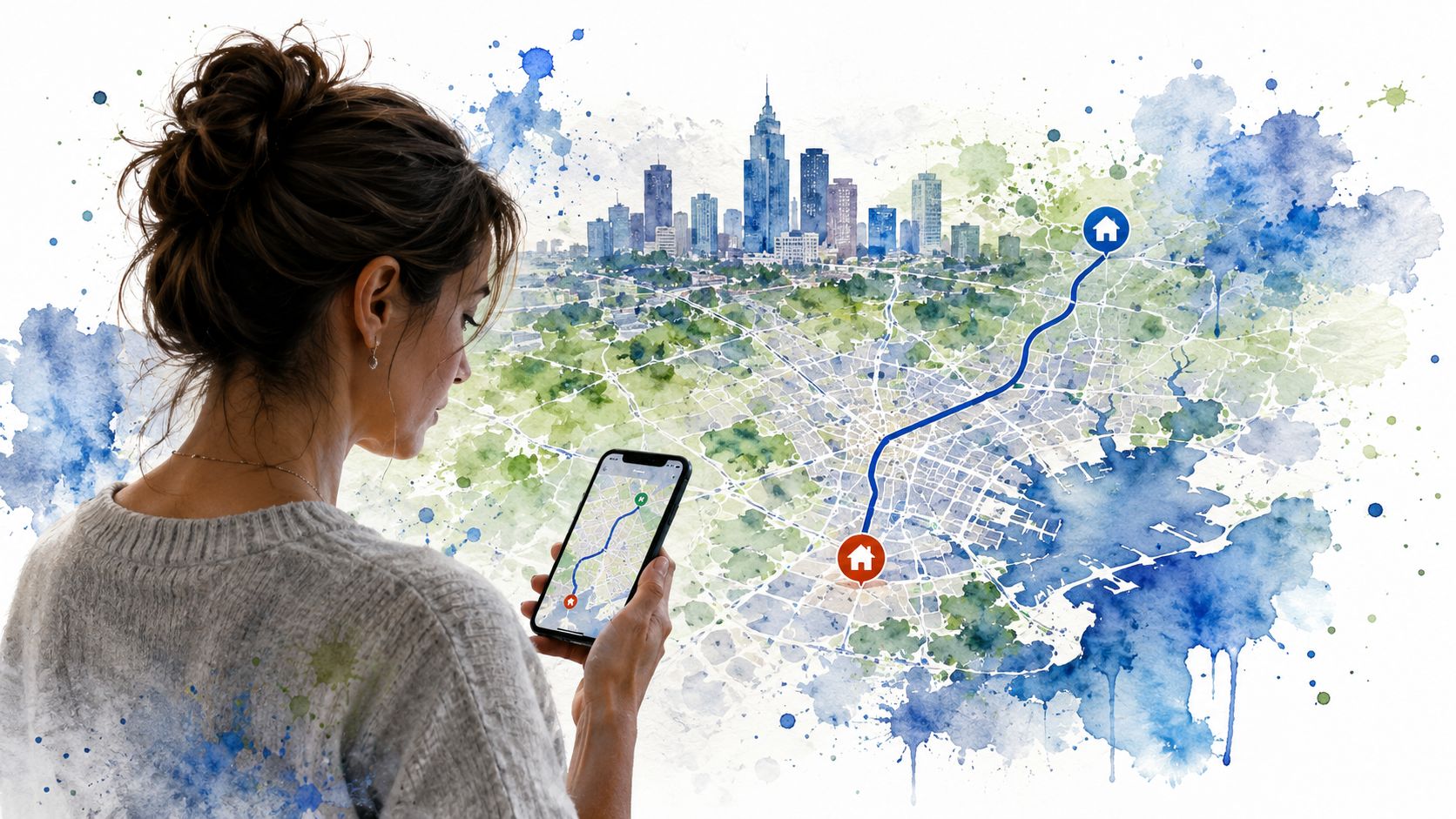 A woman looks at a smartphone showing a navigation route superimposed over a watercolor cityscape map.