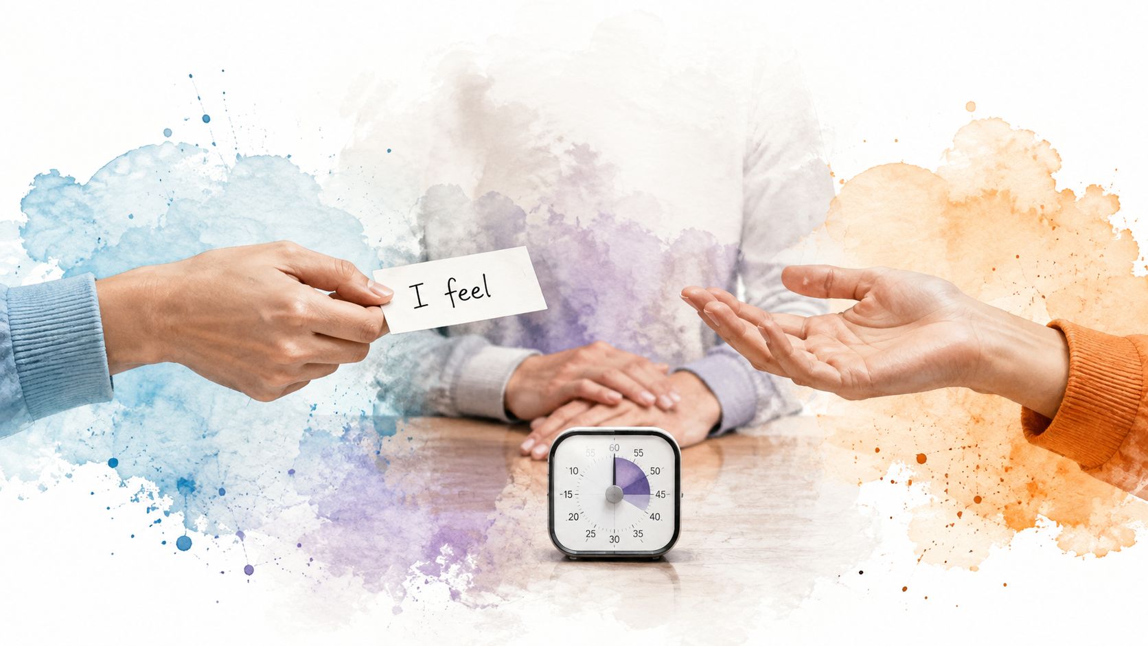 Two people engaged in a professional therapy or mediation session using a timer and prompt card.