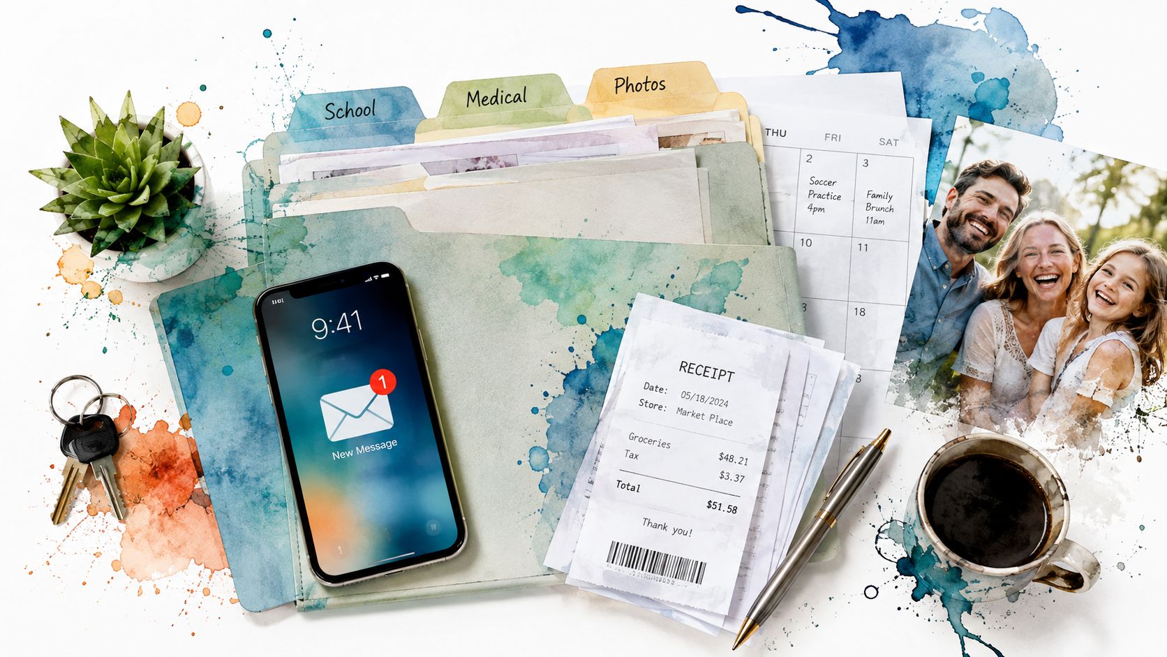 A flatlay of organized files, a phone with a message, a family photo, and a coffee mug.