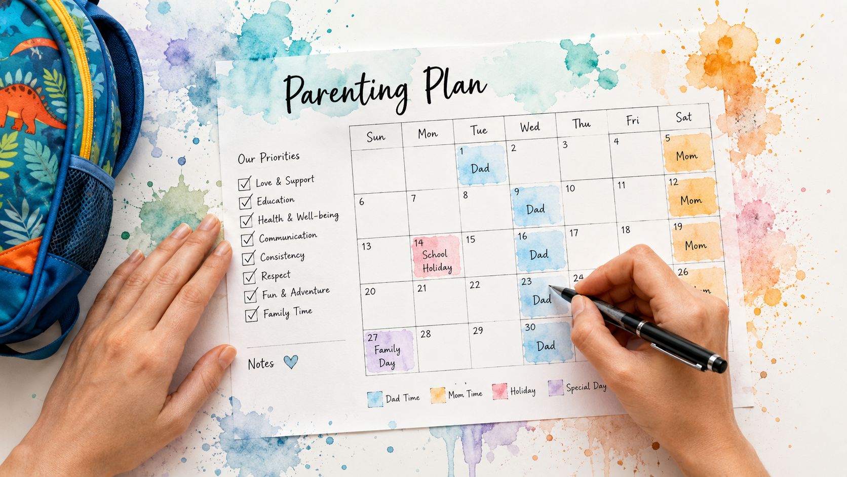 A person fills out a colorful parenting plan calendar with custody schedules and notes, view from above.
