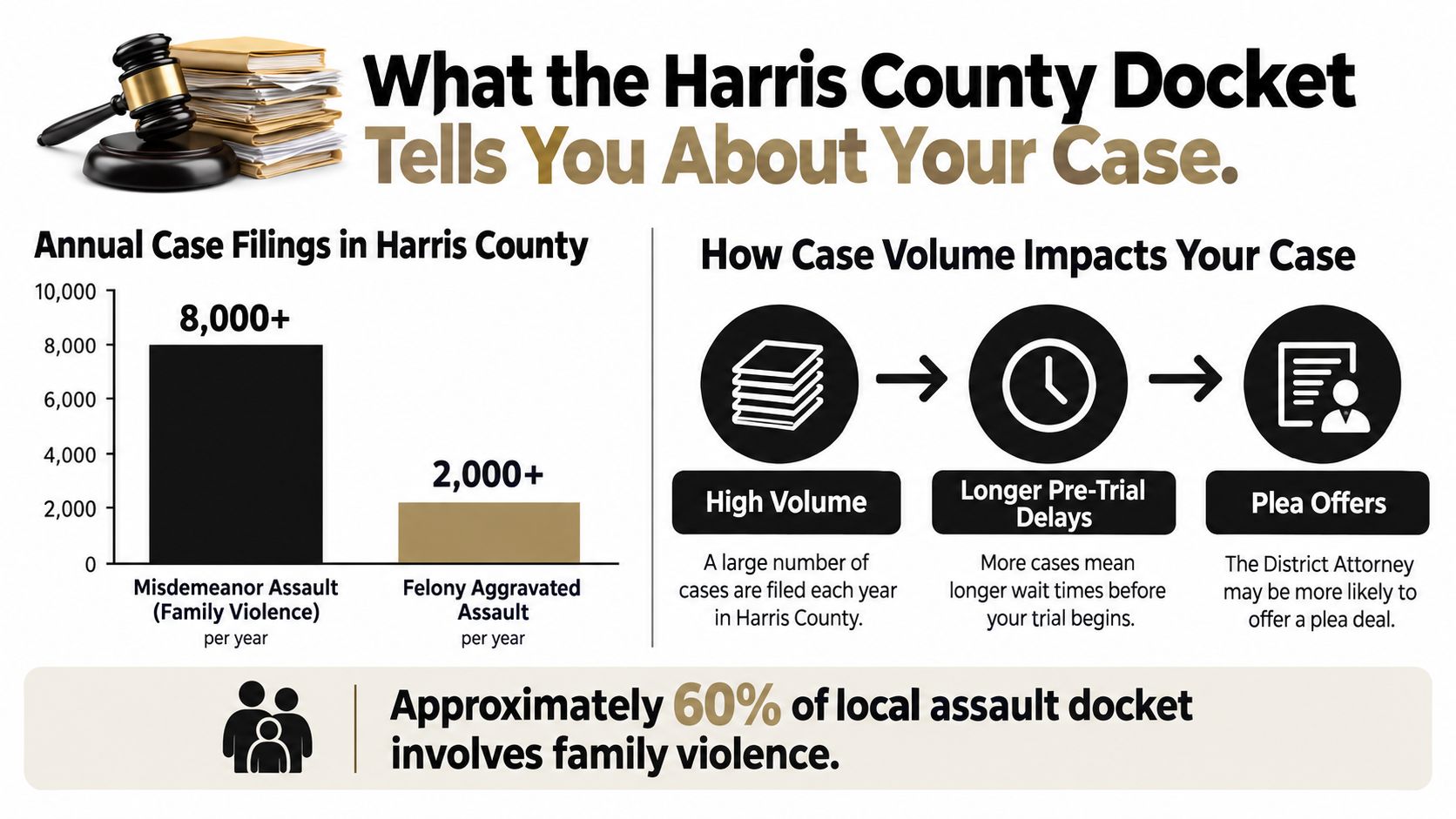 An infographic showing Harris County annual case filings for family violence and aggravated assault and their impact.