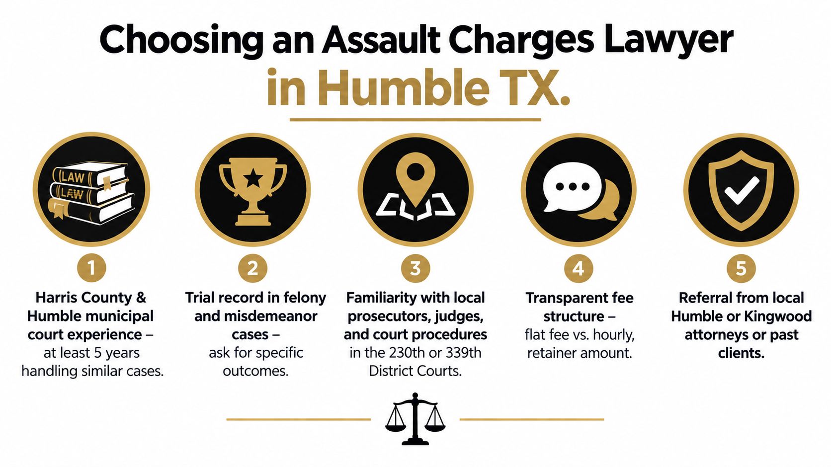 An infographic detailing five key steps to choose an assault charges lawyer in Humble, Texas.