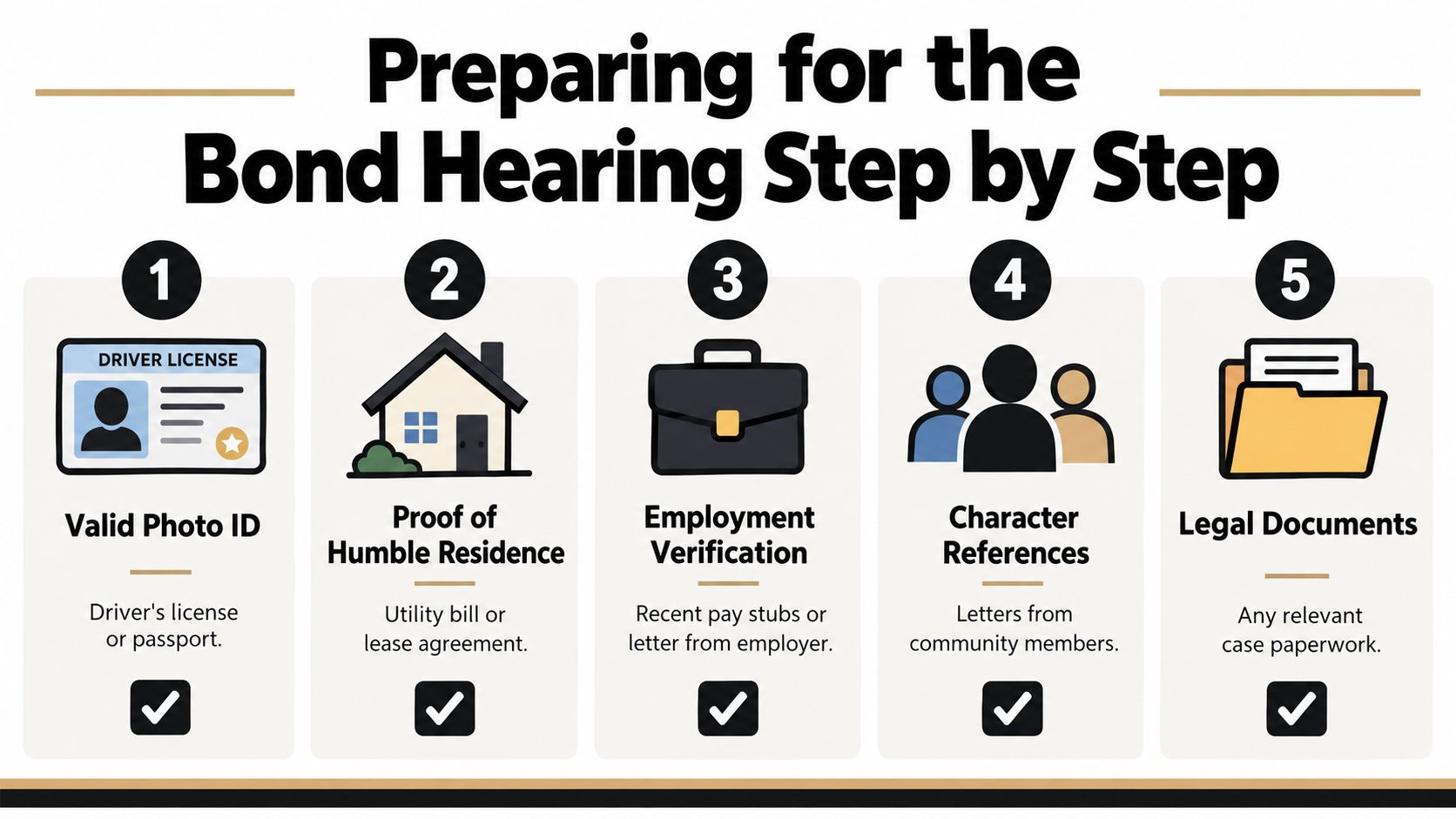 A checklist infographic titled Preparing for the Bond Hearing Step by Step featuring five essential document requirements.