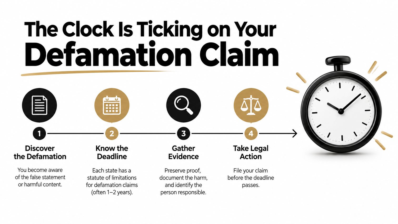 A four-step infographic illustrating the process of filing a defamation claim before the legal deadline expires.
