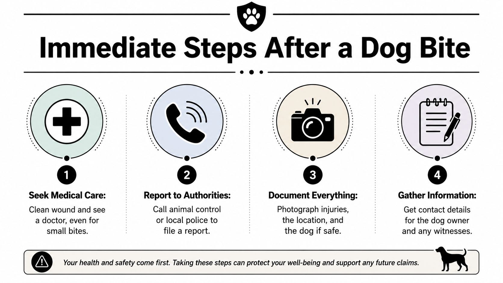 A four-step infographic showing how to seek medical care, report, document, and gather information after a dog bite.