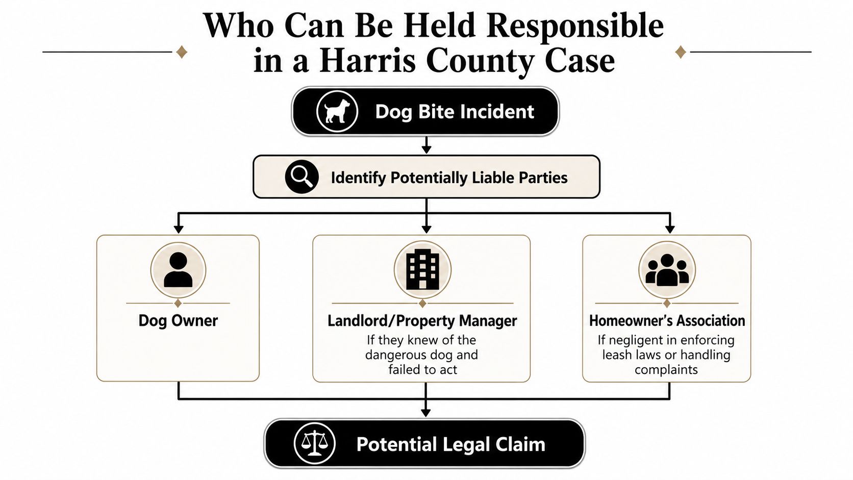 A flowchart detailing parties who may be held liable in a Harris County dog bite case.