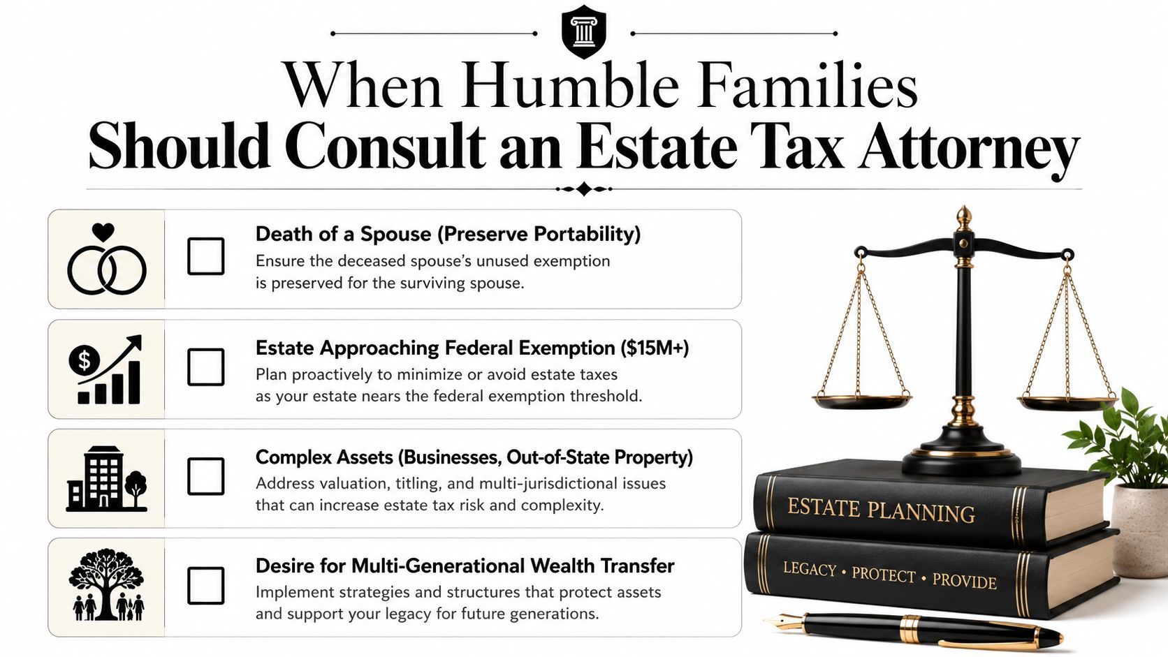 An infographic detailing reasons why humble families should consult an estate tax attorney, featuring four key scenarios.