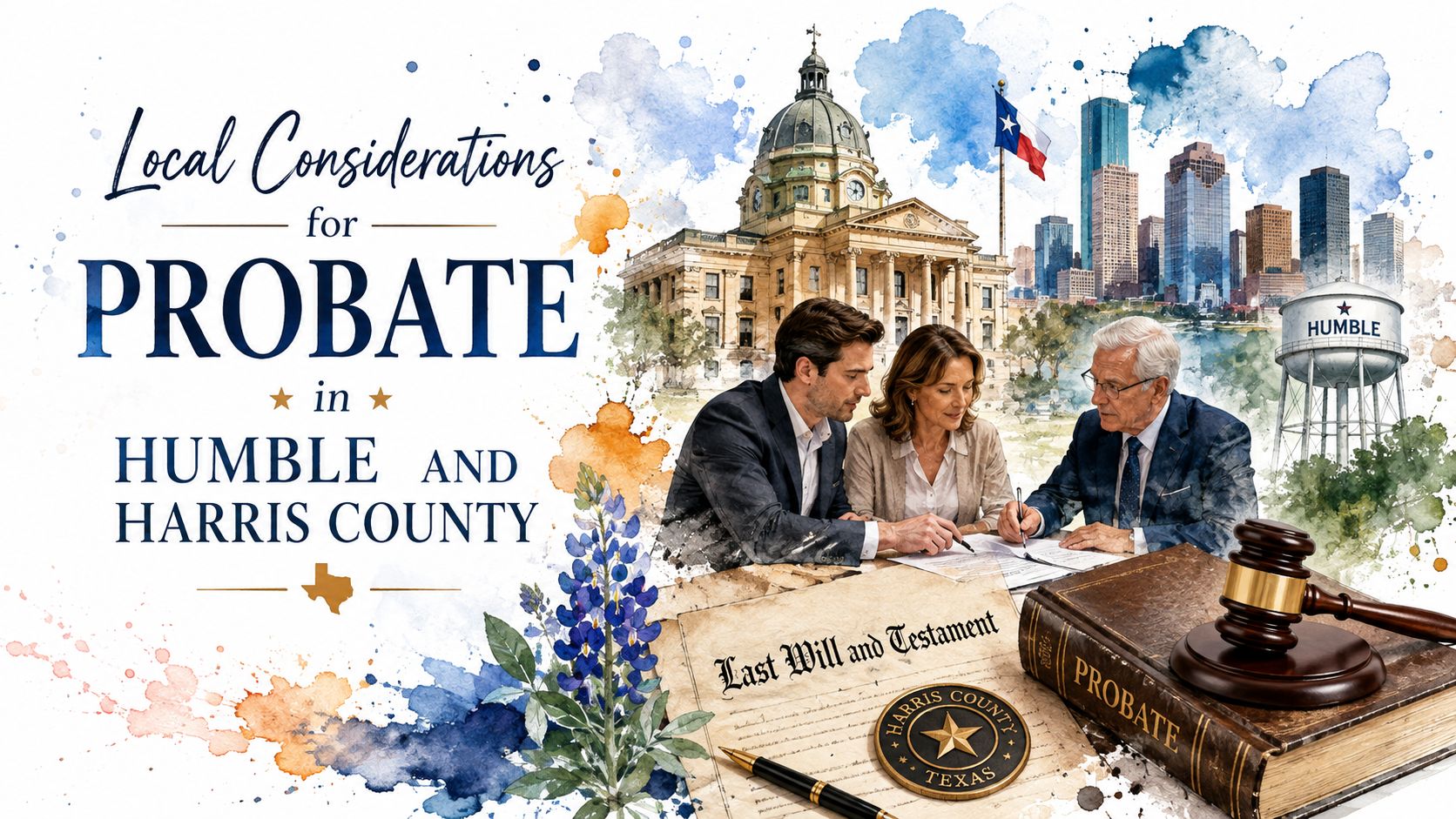 A professional consultation session regarding probate law in Humble, Texas, featuring legal documents and local landmarks.