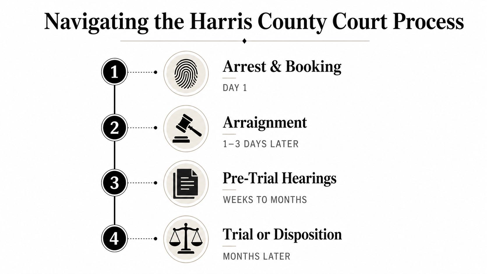 A flow chart illustrating the four-step legal process of the Harris County court system for criminal cases.