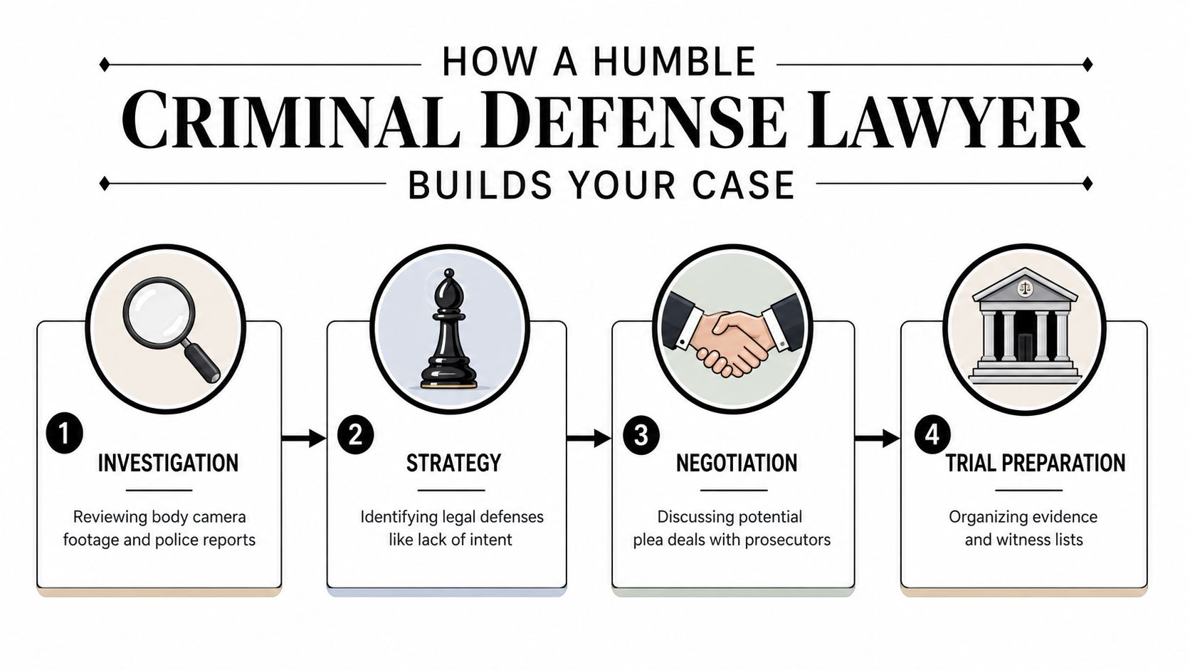A four-step infographic illustrating how a humble criminal defense lawyer builds a legal case for clients.