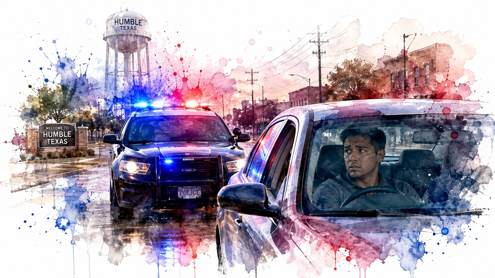 A man looking nervous while driving his car being pulled over by a police cruiser in Humble, Texas.