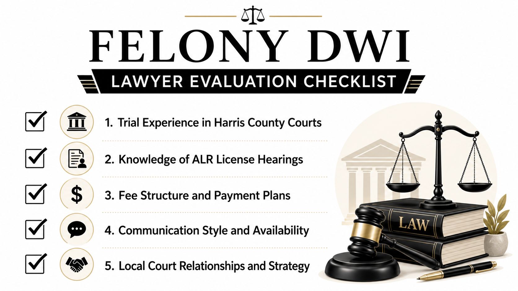 A Felony DWI lawyer evaluation checklist with five key criteria for choosing legal representation in court.
