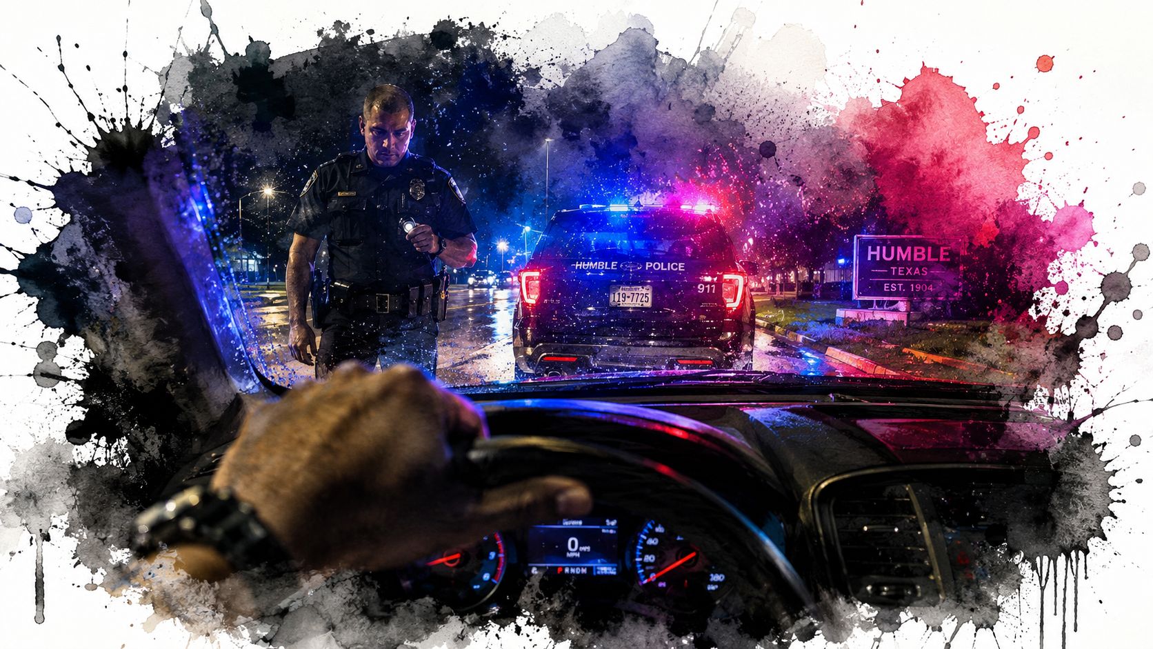 A first-person view from inside a car during a nighttime police stop in Humble, Texas.