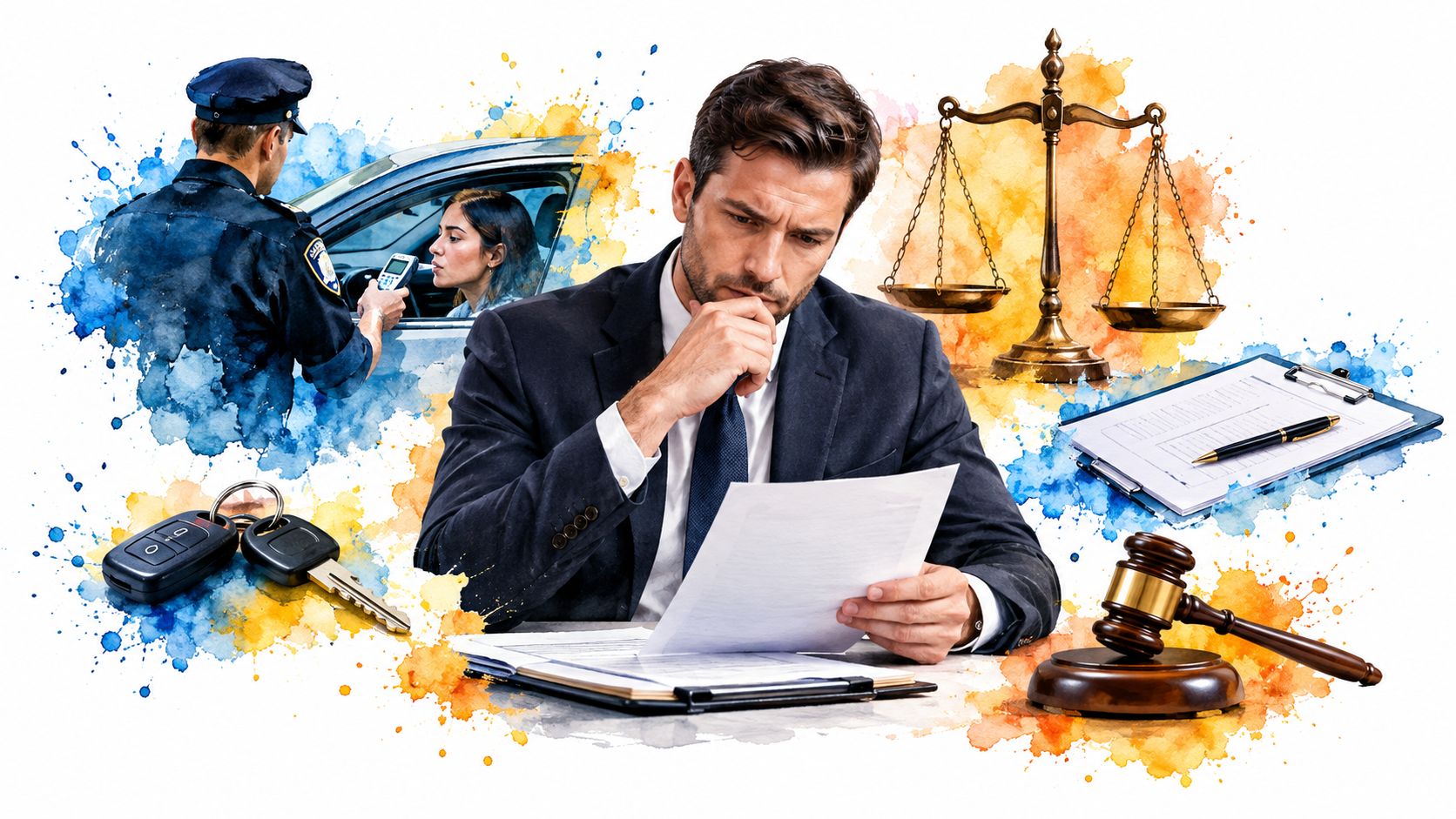 A professional attorney reviewing legal documents with symbols of law, a gavel, and police DWI enforcement imagery.