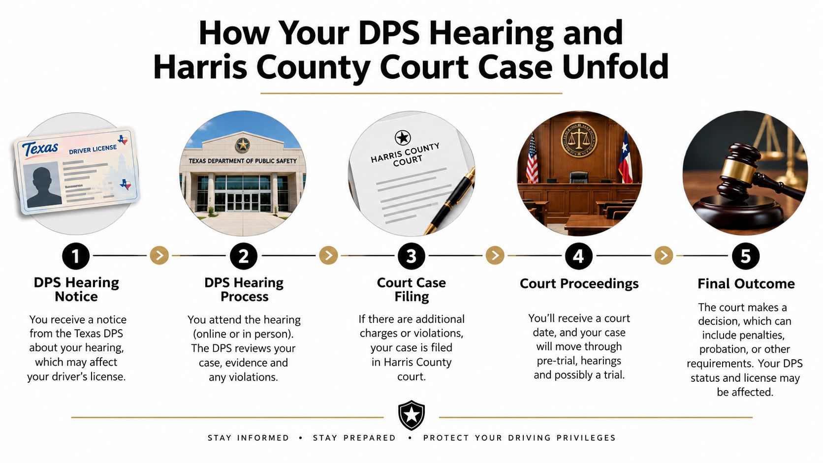A five-step flowchart explaining the Texas DPS hearing process and the Harris County court system legal proceedings.