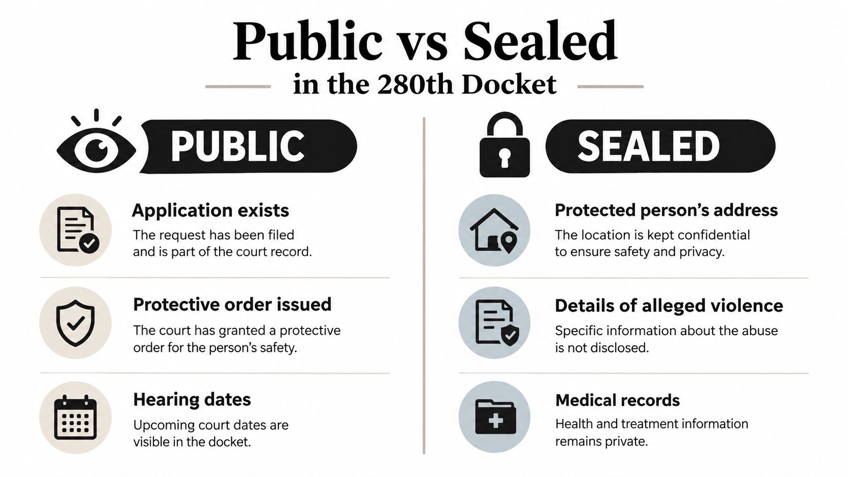 An infographic titled Public vs Sealed in the 280th Docket explaining what court information remains public versus sealed.
