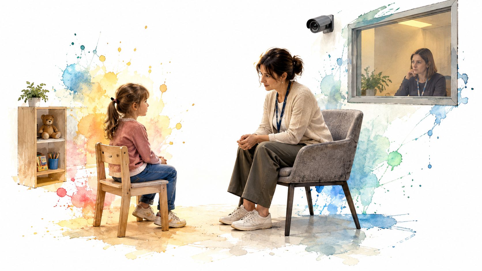 A professional assessment interview taking place between a child and a counselor in a supportive room.