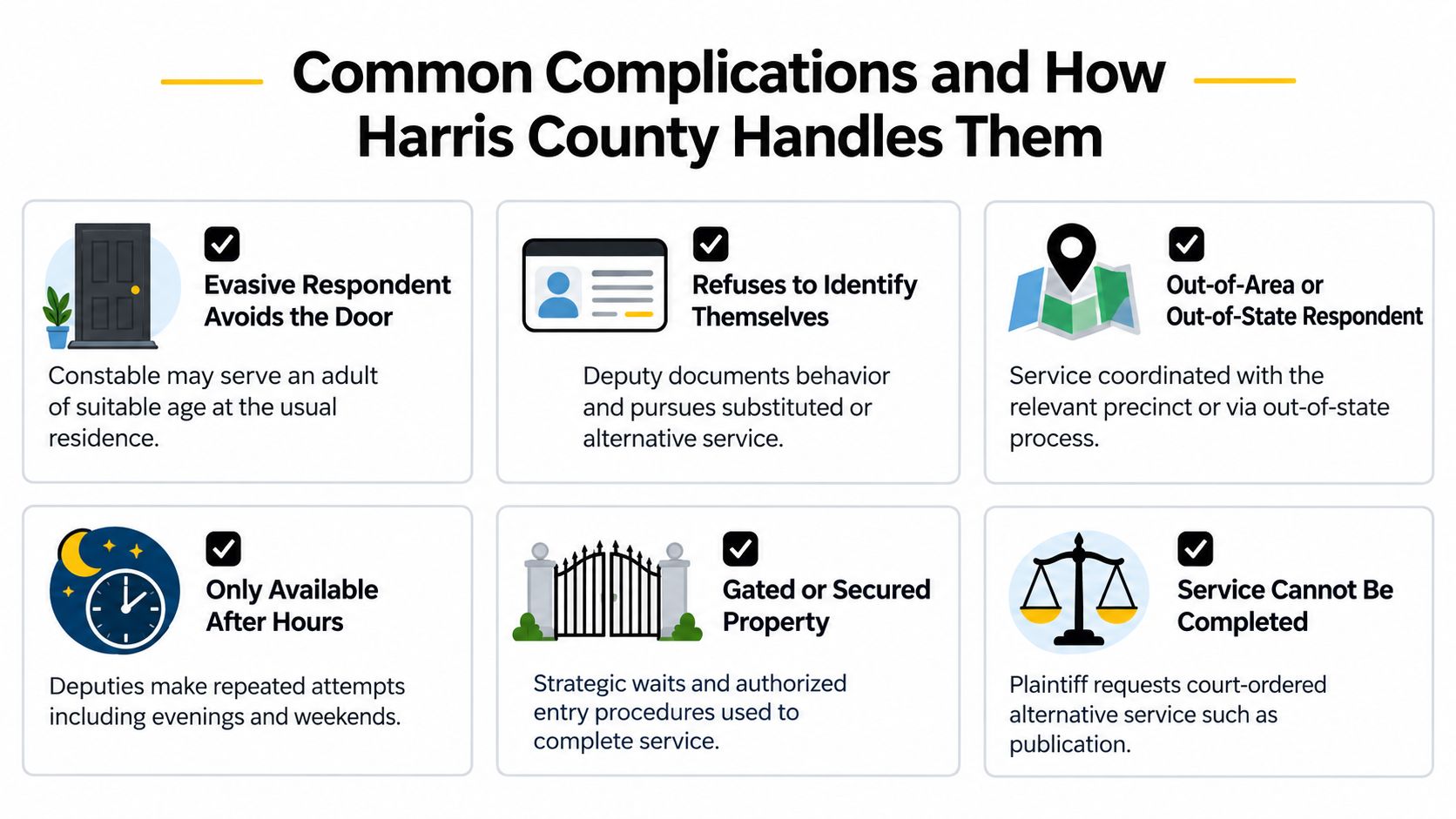 A graphic infographic explaining how Harris County manages common complications during the legal process service of documents.
