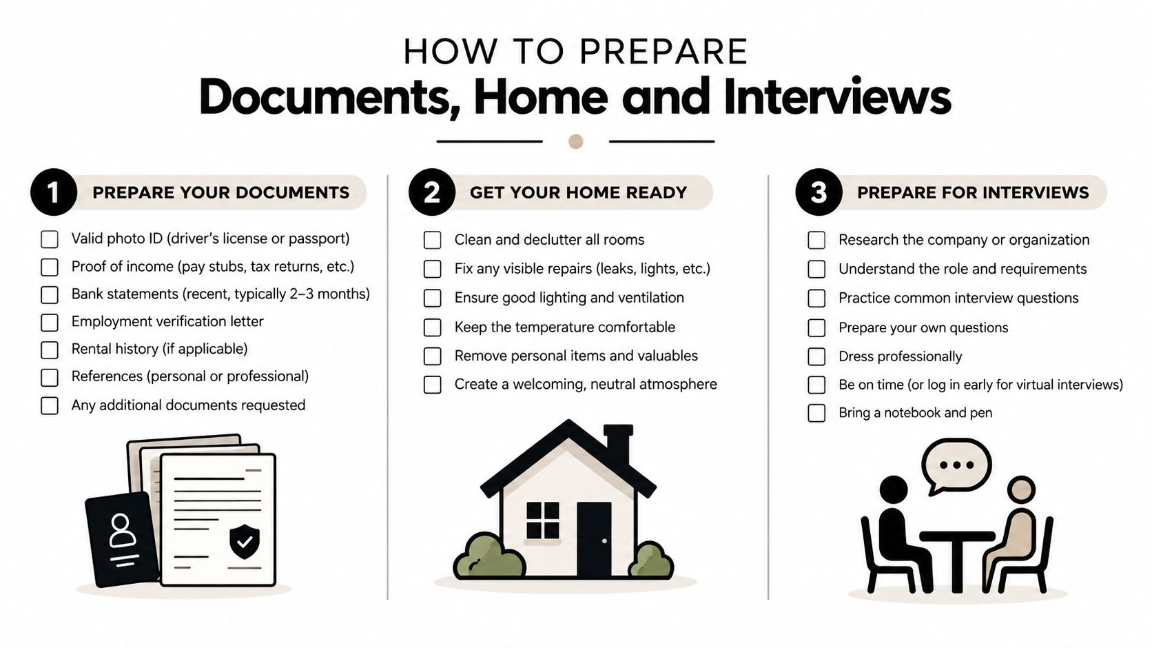 A checklist infographic titled How to Prepare Documents, Home and Interviews for a social study process.