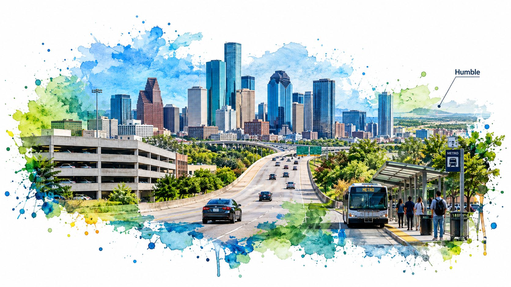 A watercolor-style artistic illustration of the Houston skyline with a bus stop and highway traffic.