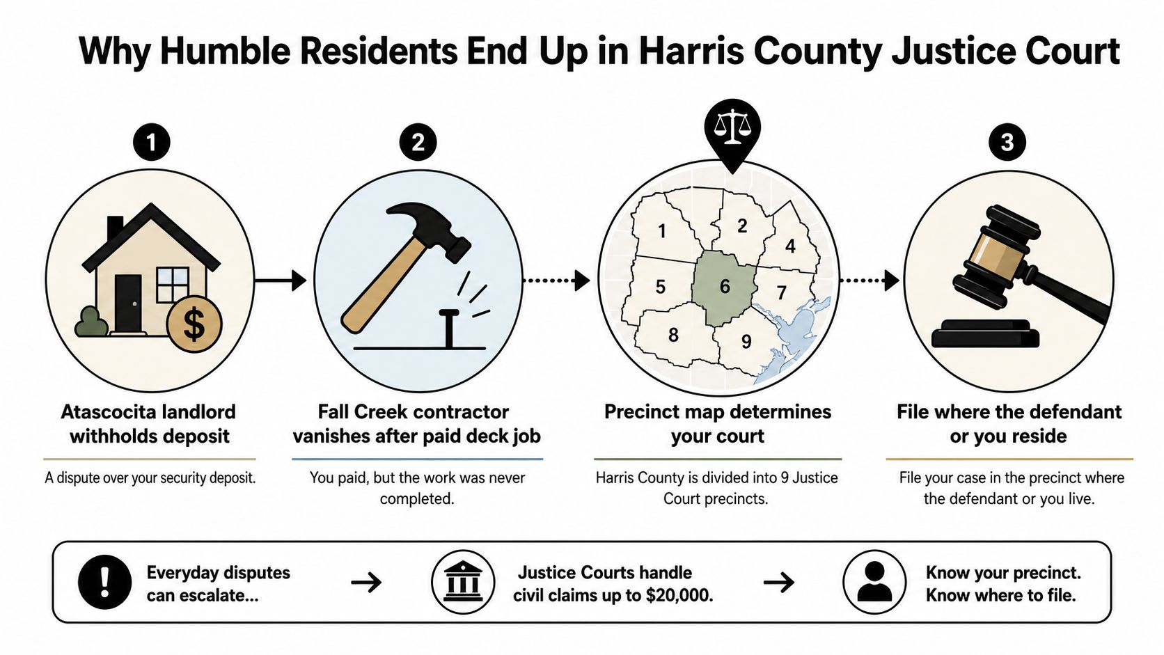 An infographic showing the process for Humble residents to file small claims in Harris County Justice Court.