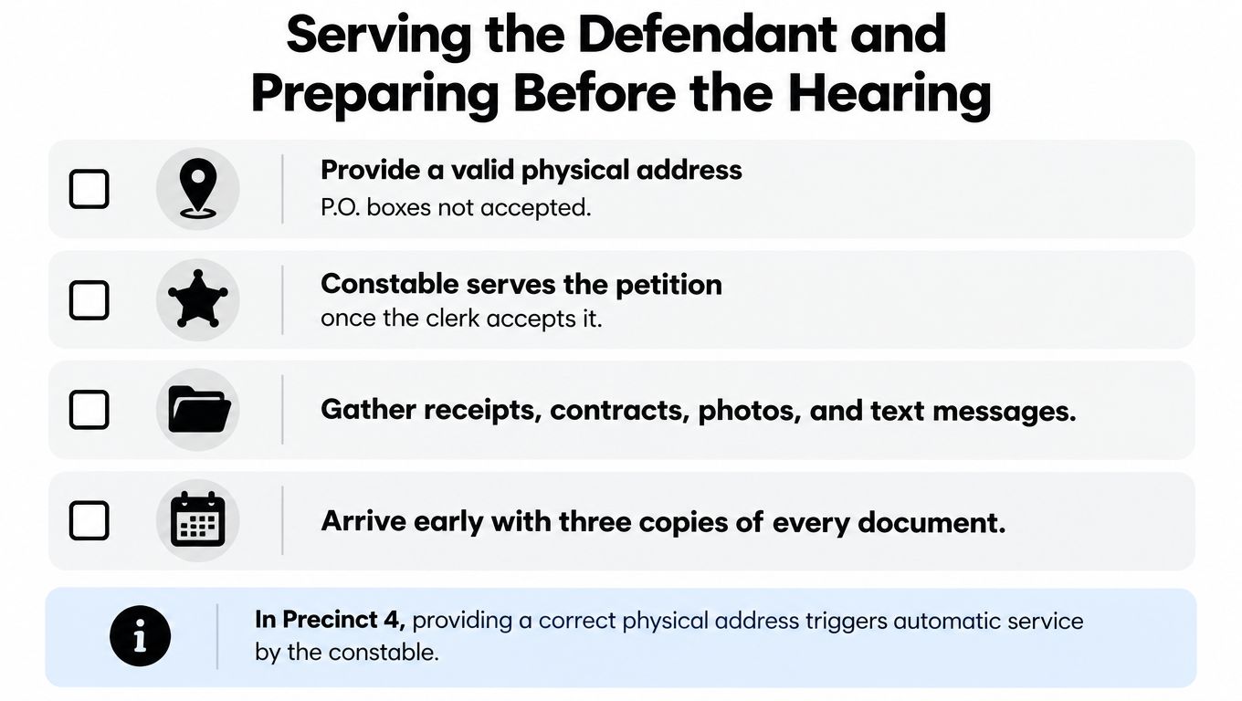 An infographic checklist titled Serving the Defendant and Preparing Before the Hearing with legal guidance.