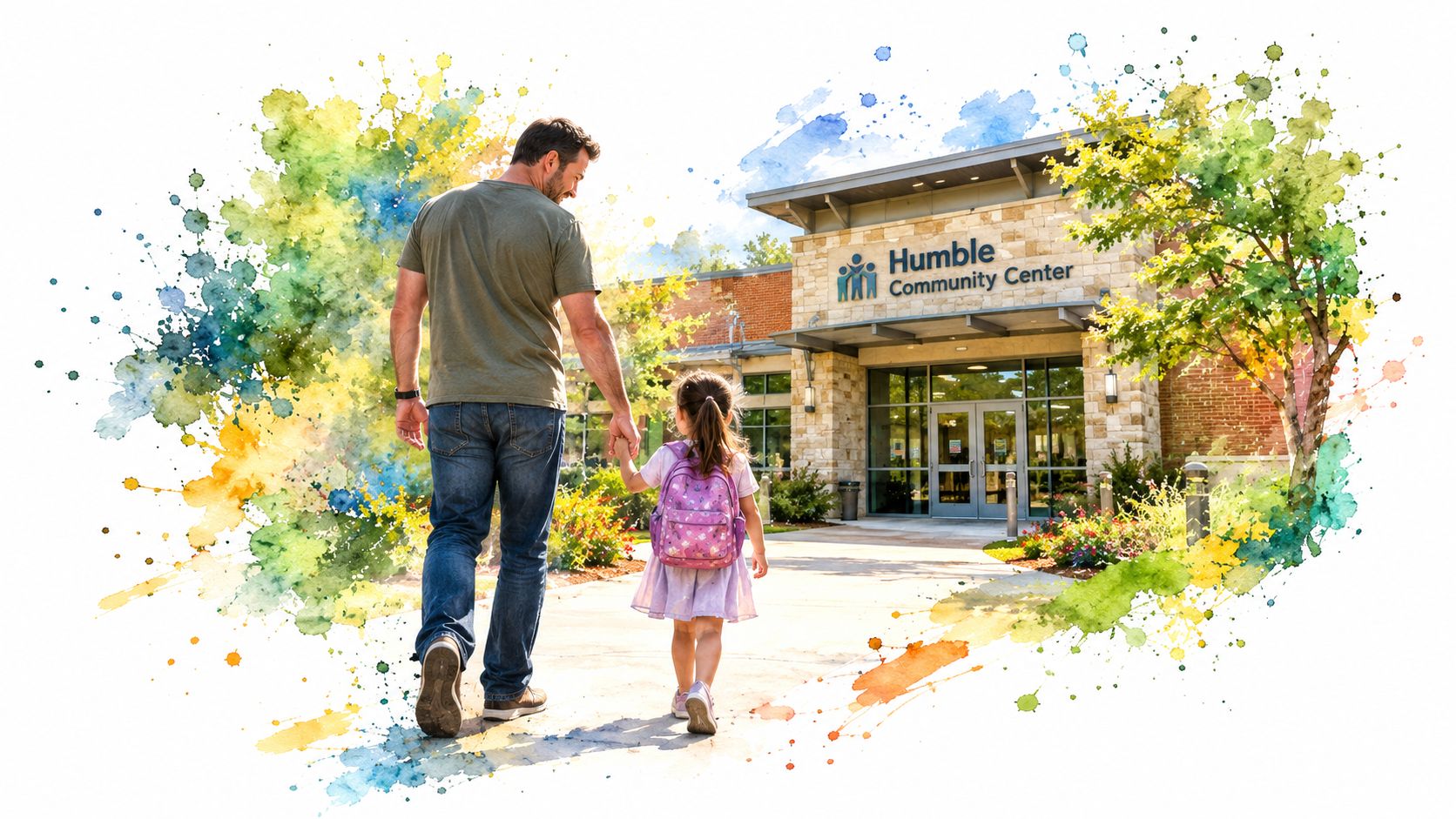 A father holds his young daughter's hand as they walk towards the Humble Community Center building entrance.