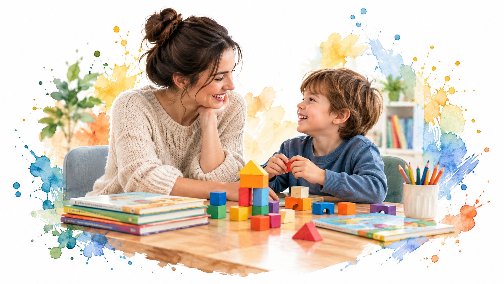 A smiling mother and her young son playing together with colorful wooden blocks on a table.