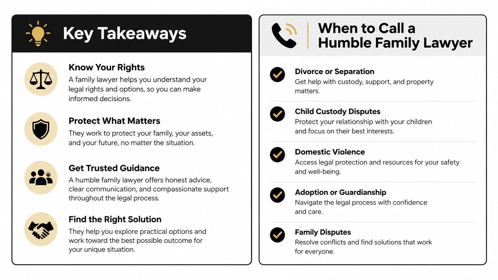 An infographic outlining key benefits and common reasons to hire a professional humble family lawyer.