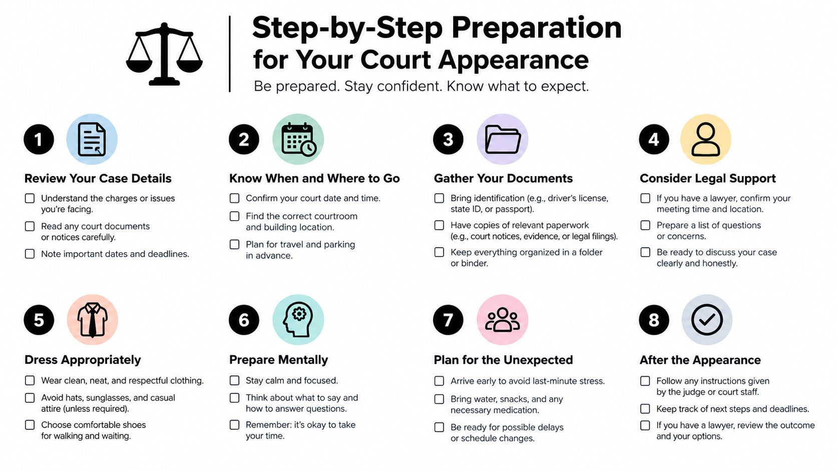 An infographic detailing eight steps to prepare for a court appearance to ensure confidence and organization.