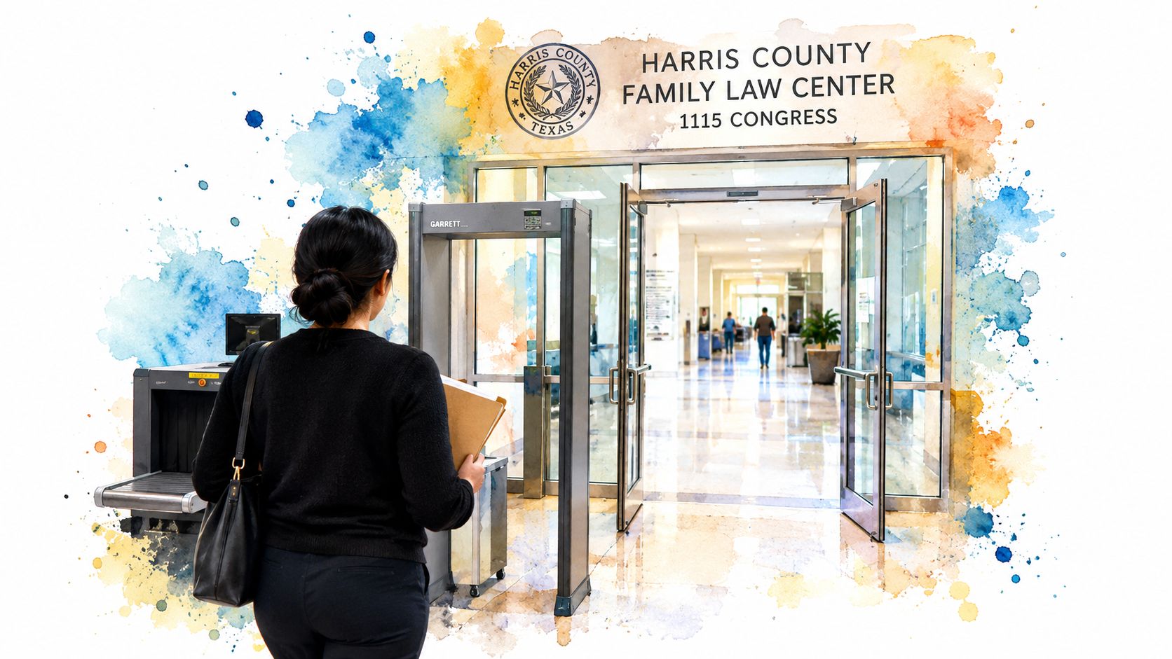 A woman walks through a metal detector at the Harris County Family Law Center in downtown Houston.