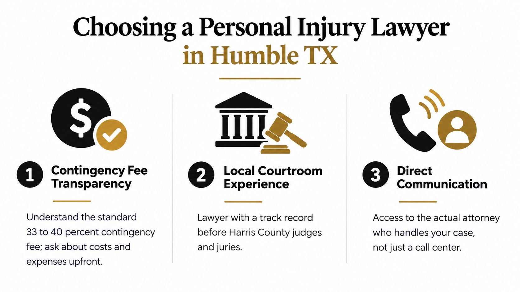 An infographic detailing three key tips for choosing a personal injury lawyer in Humble, Texas.
