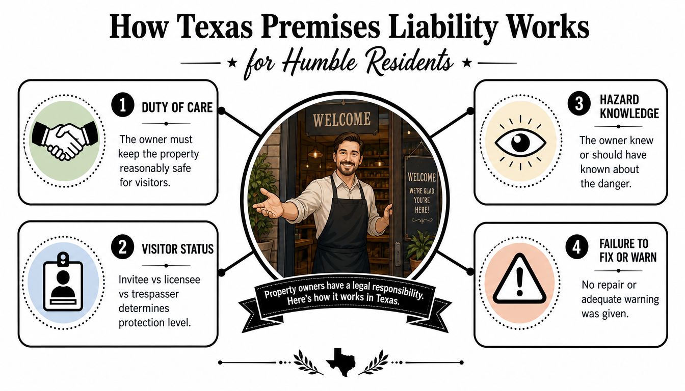 An infographic explaining the four main factors of Texas premises liability law for property owners and visitors.