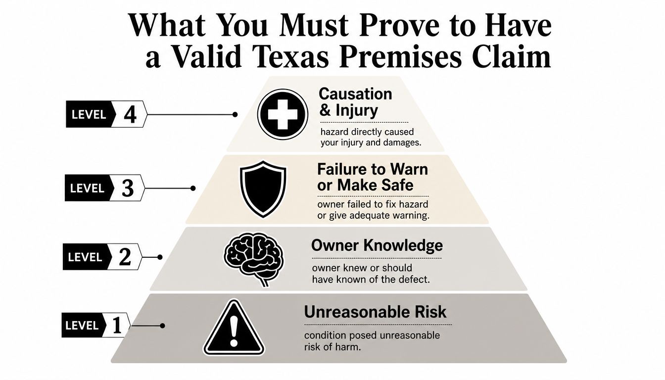 A four-level pyramid infographic explaining the legal requirements for proving a valid Texas premises liability claim.