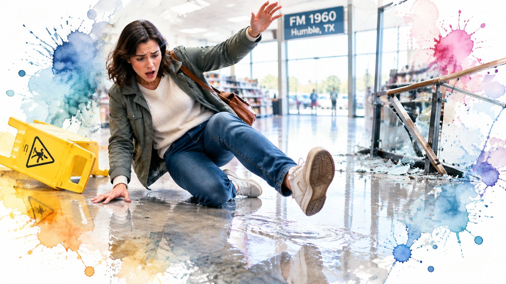 A woman falling on a wet floor in a retail store near a yellow caution sign.