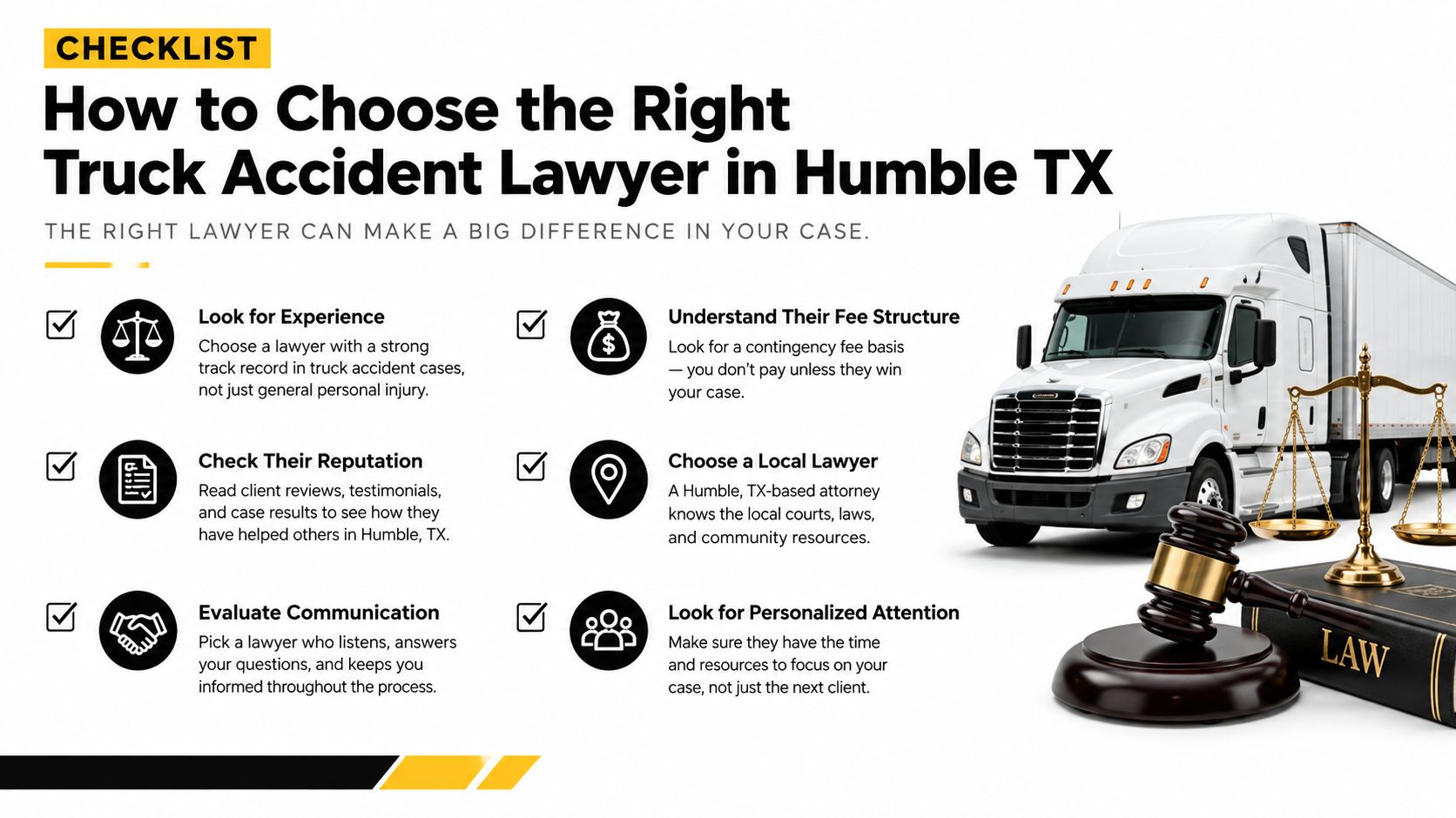 A checklist infographic titled How to Choose the Right Truck Accident Lawyer in Humble, TX.