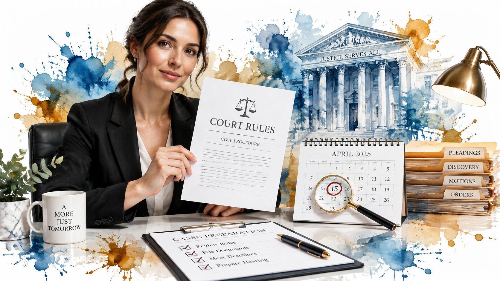 A professional female attorney reviewing legal documents and deadlines in her office with a court building background.