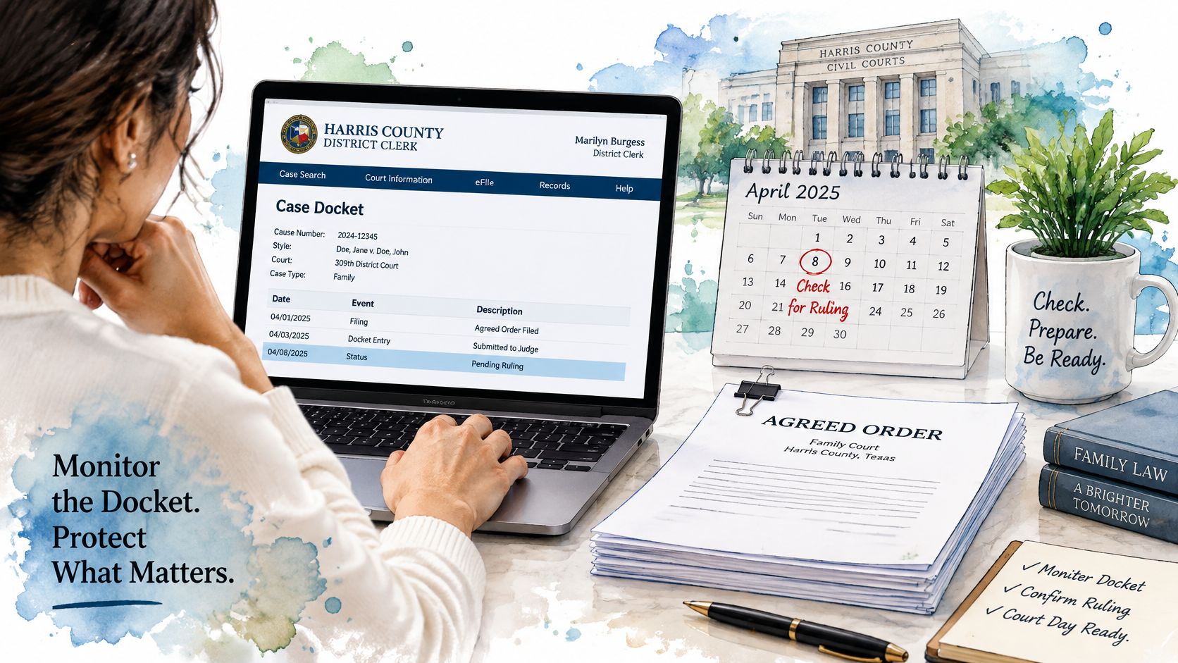 A person reviews a Harris County court case docket on a laptop next to a desk calendar.