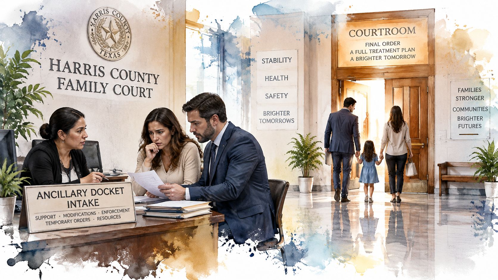 A professional setting in Harris County Family Court showing people at an intake desk and a family walking into a courtroom.